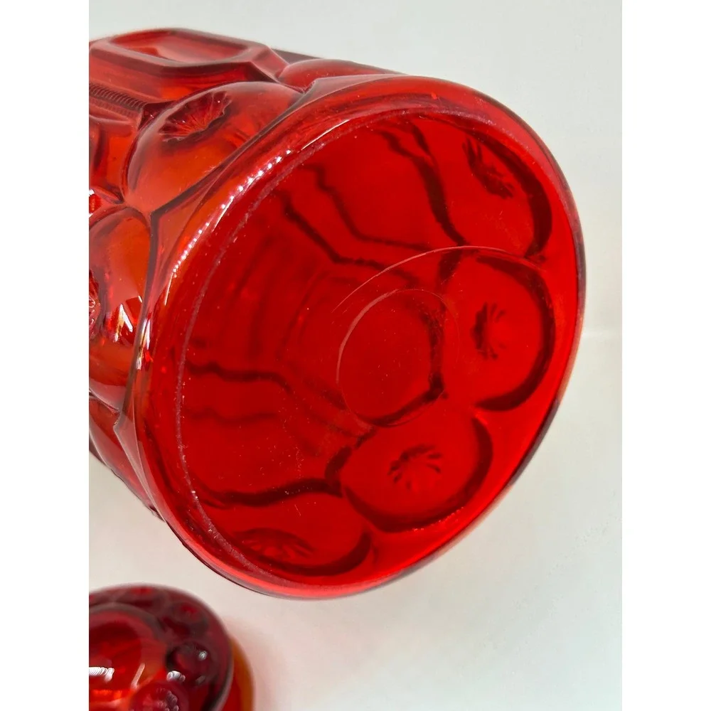 VTG LE Smith Canister Red Moon and Star Pattern Glass Kitchen Storage Jar 9.5in